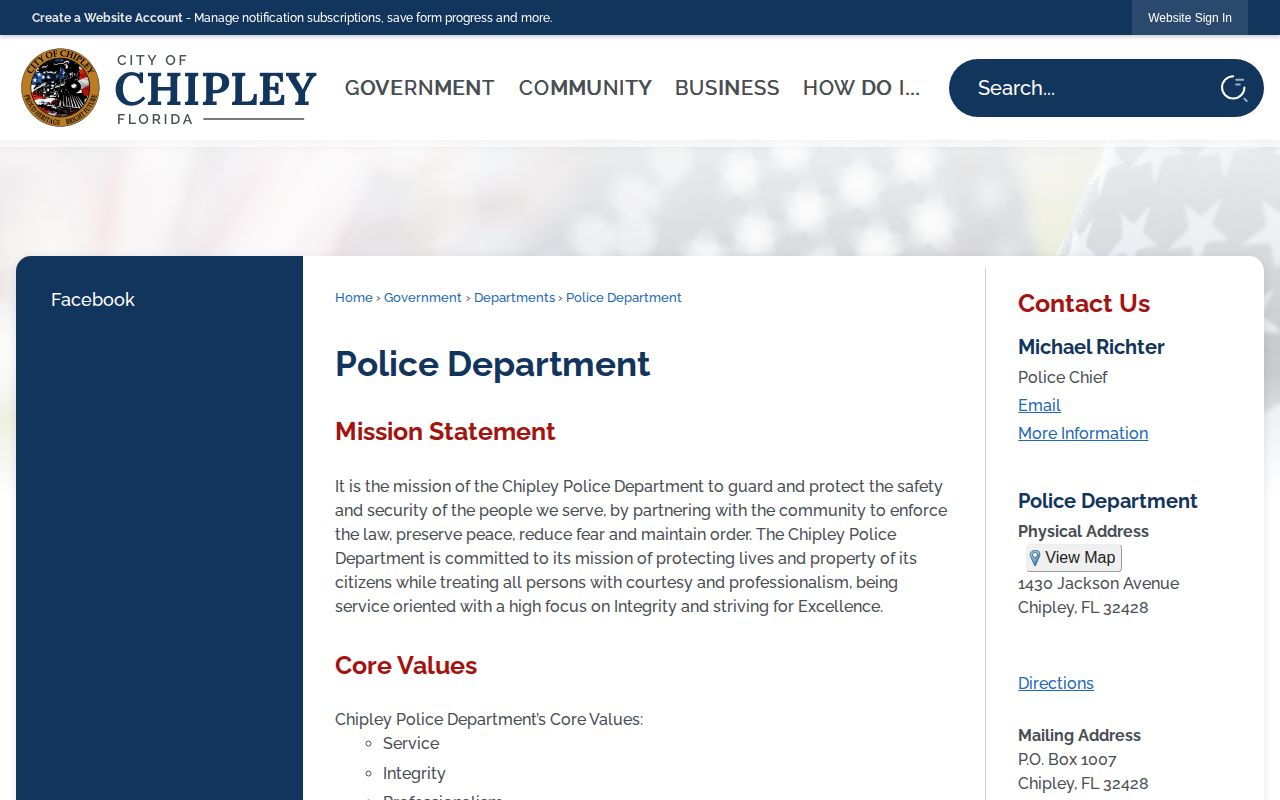 Chipley Police Department arrest records contact page in Washington County