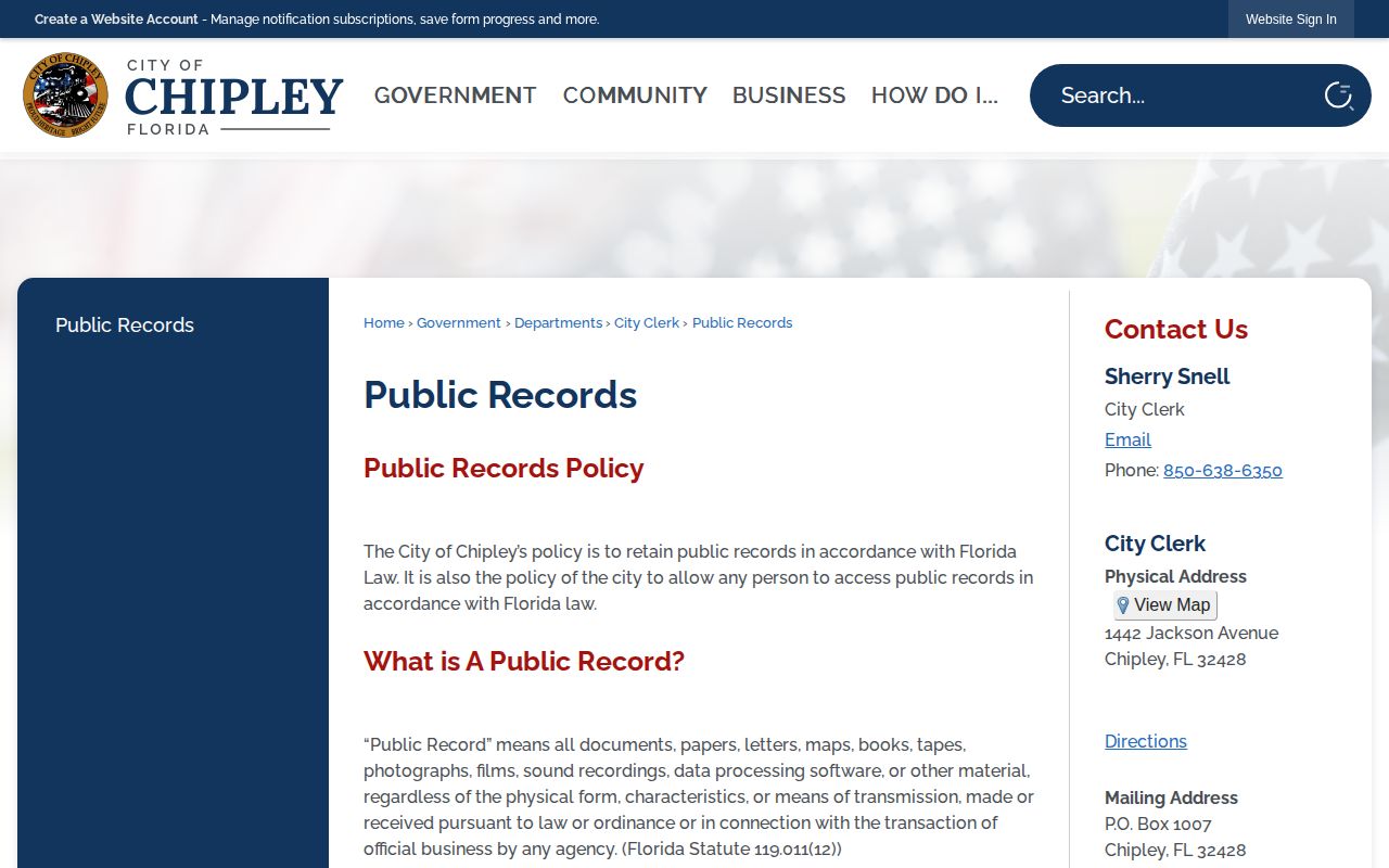 City of Chipley public records request policy for arrest records