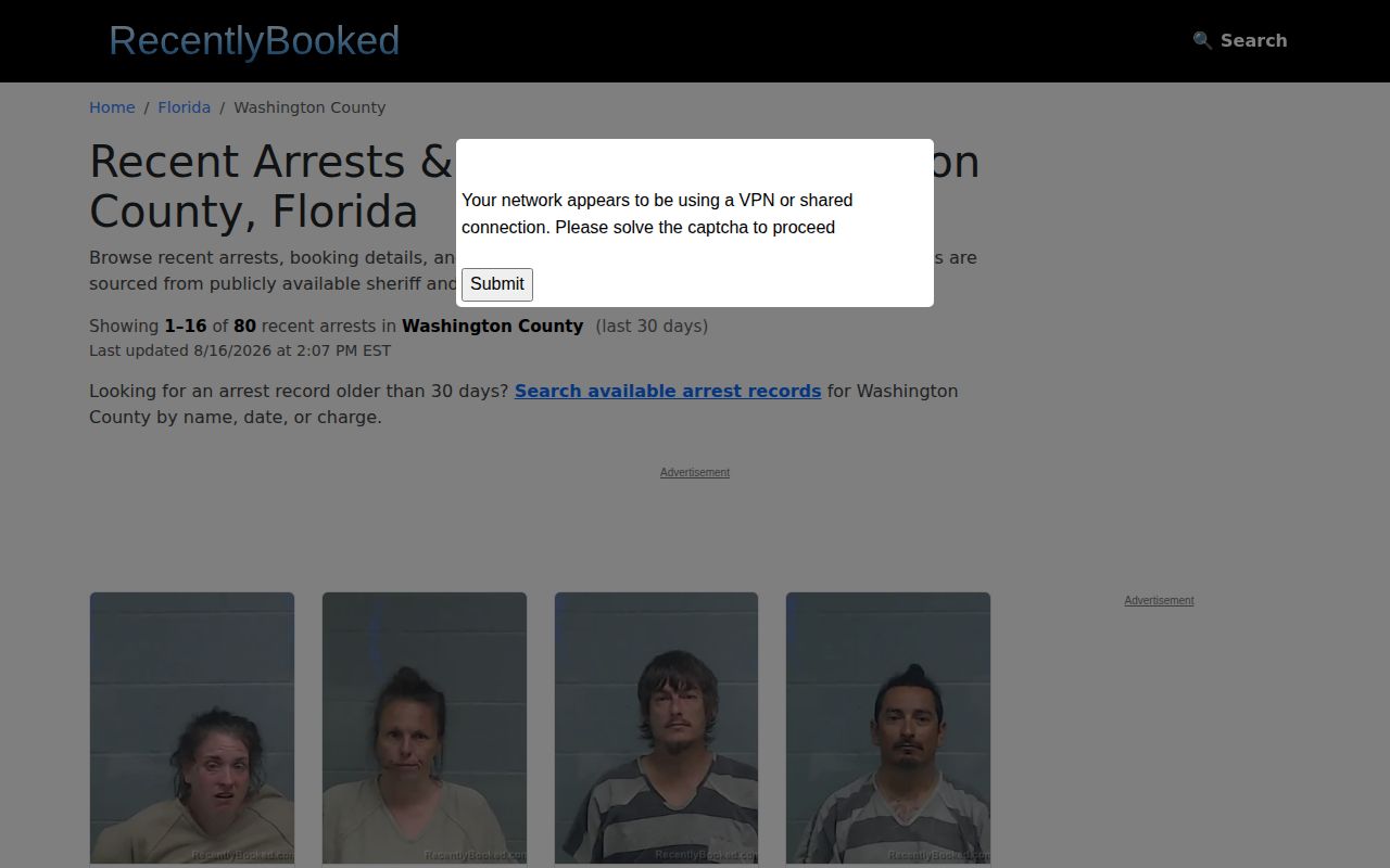 Unofficial RecentlyBooked Washington County arrest and mugshot page