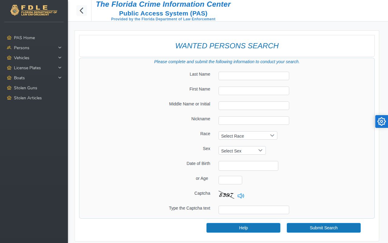 Washington County warrant check through the FDLE wanted-person search form